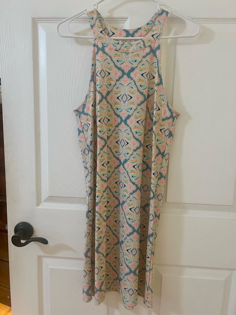 All For Color Sleeveless Patterned Midi Dress in Teal, Peach, Light Tan